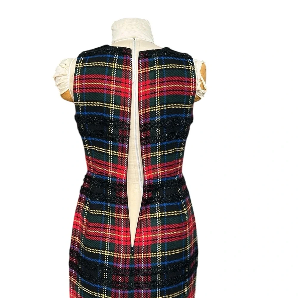 J. Crew Lurex Stewart Tartan Plaid Sleeveless Sheath Dress Holiday Red/Black 10P